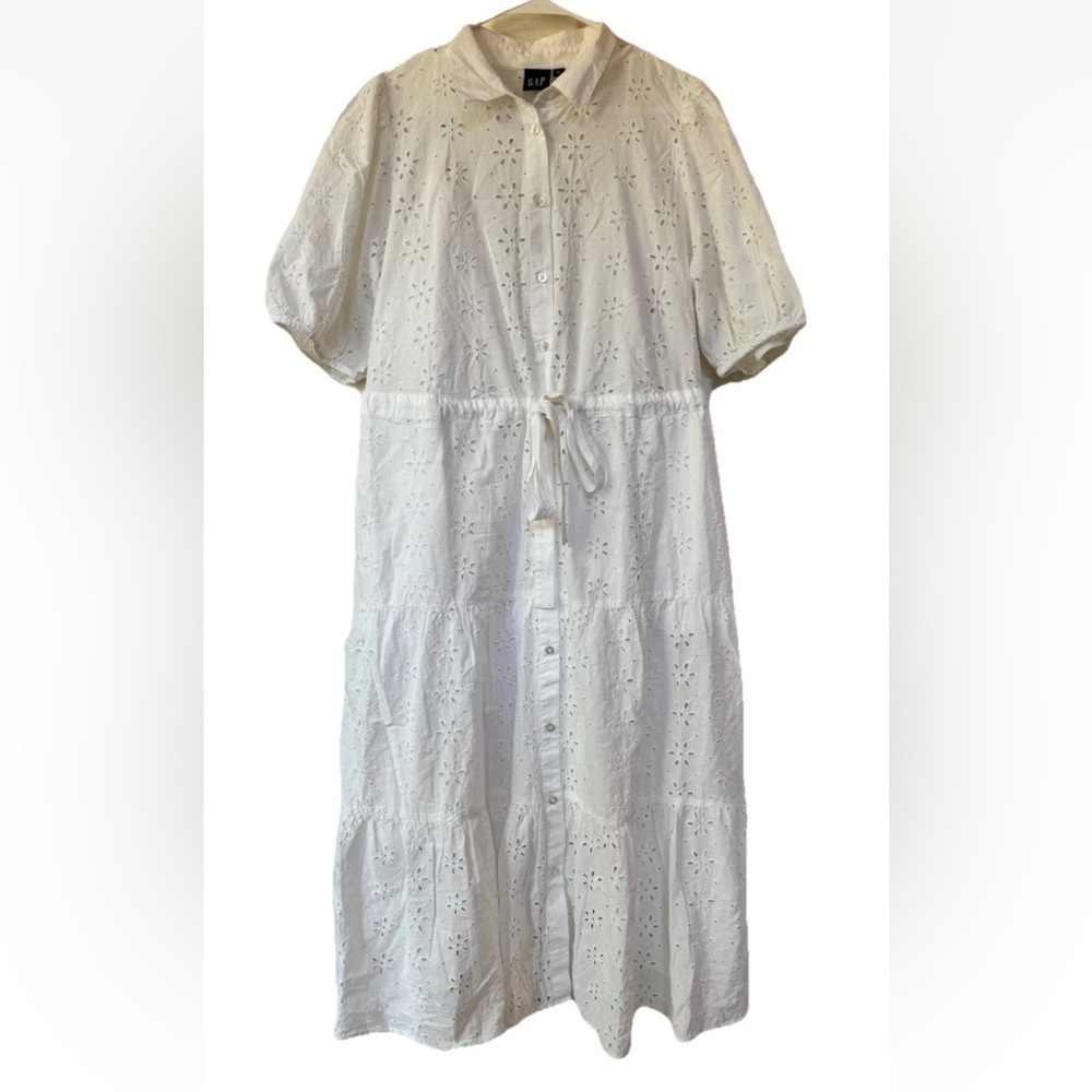 GAP Embroidered Eyelet Tiered Dress Button Down Tie-Waist Large Cotton White